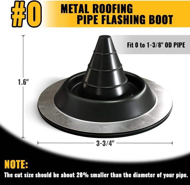 VIVIDA #0 EPDM Metal Roof Pipe Flashing Boot, Flexible Roof Jack Flashing Boot for Pipe OD 0" to 1-3/8", Screws & Hex Socket Included, Black, 1 Pack - Image 2